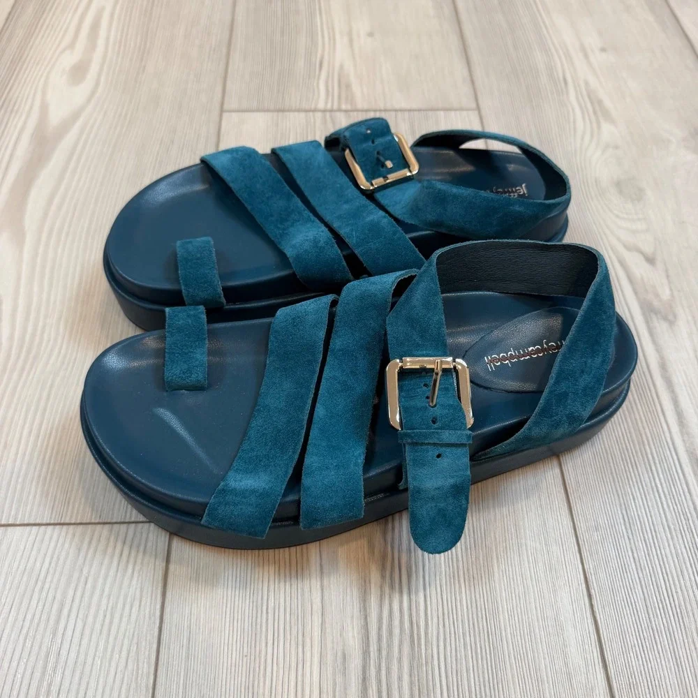 Jeffrey Campbell Hebrides Suede Sandal Teal Blue Strappy Platform Toe Loop 7.5